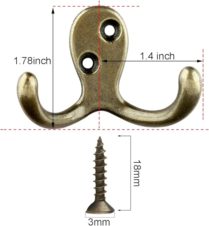IBosins 10 Pack Heavy Duty Double Prong Coat Hooks Wall Mounted with 20 Screws Retro Double Hooks Utility Hooks for Coat, Scarf, Bag, Towel, Key, Cap, Cup, Hat