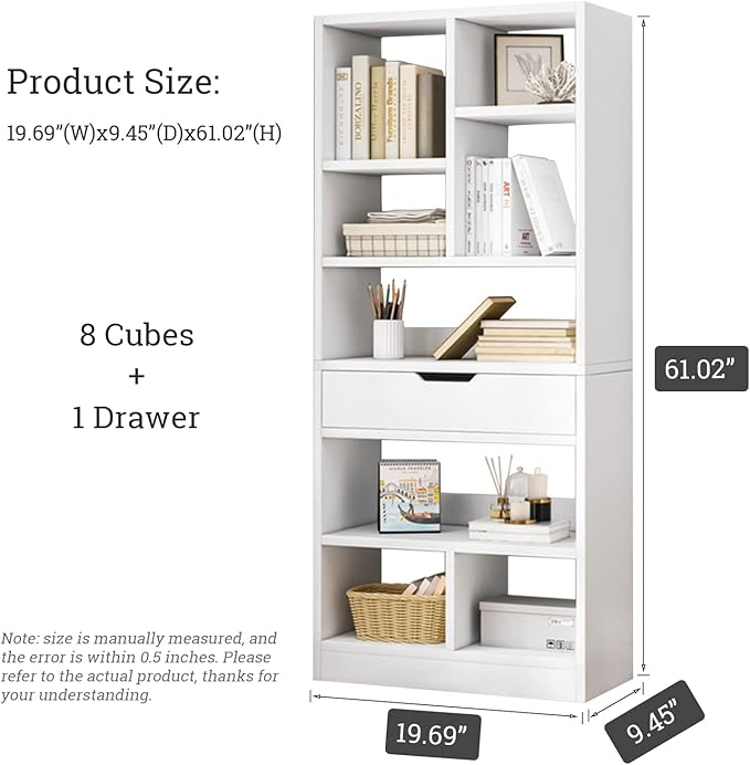IOTXY Wooden Open Shelf Bookcase - 61" Height Free Standing Display Storage Cabinet Organizer with 8 Cubes and a Drawer, Floorstanding Bookshelf, Warm White