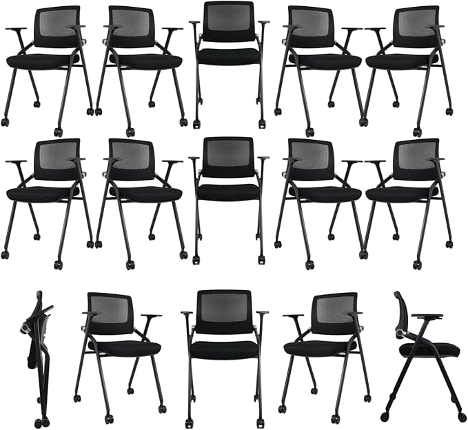 30 Pack Foldable Office Chairs with Wheels, Mesh Back, Arms and Portable - Folding Office Chairs Stackable for Conference Room Chair, Office Guest & Reception & Meeting Chair - (Black) 300 lbs.