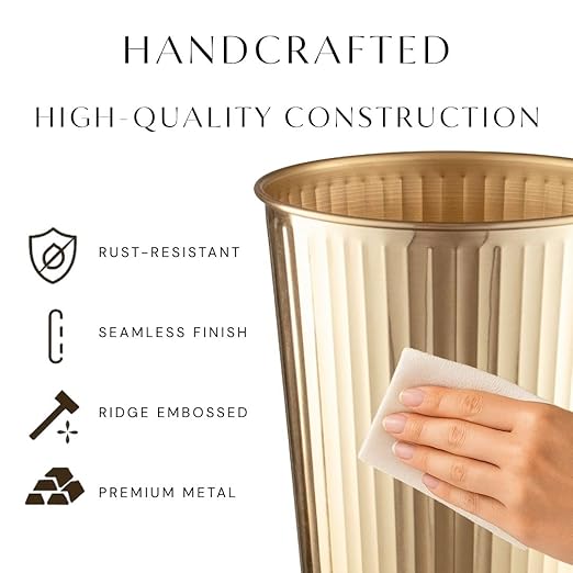 Monarch Abode Metal Bathroom Trash Can – Waste Basket for Bedroom, Office Desk, & Dorm, Handcrafted Ridge Embossed, Durable Decorative Brushed Gold Small Trash Can Bathroom Garbage Bin Wastebasket