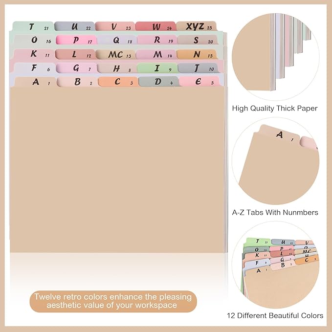 Noveread 1 Set 25 Alphabet File Dividers A-Z Top Tab Letter Size 1/5 Cut Tab Positions Alphabetical Number File Folder Organizer Guides Cabinet and Desk Dividers for School Office Home(Classic)