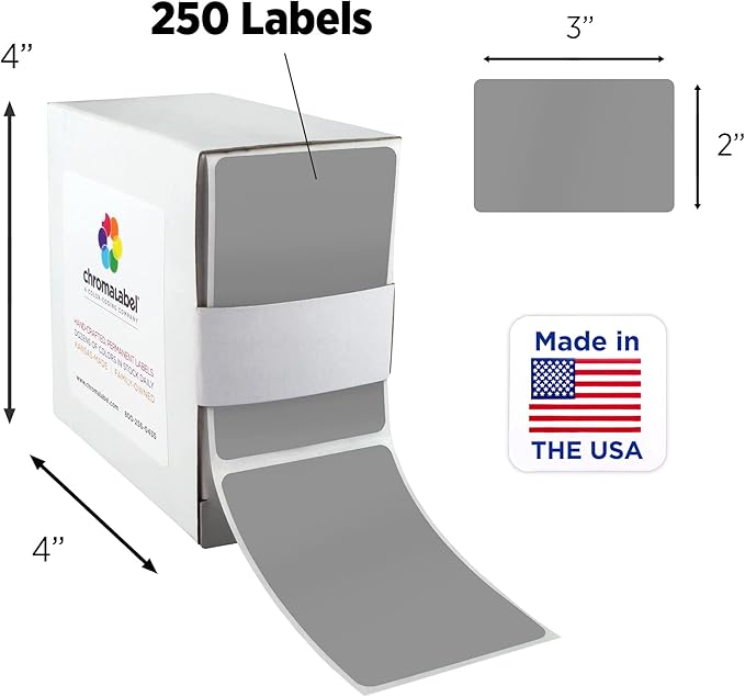 ChromaLabel 2 x 3 inch Permanent Color Code Rectangle Labels, 250 Labels per Dispenser Box, Gray