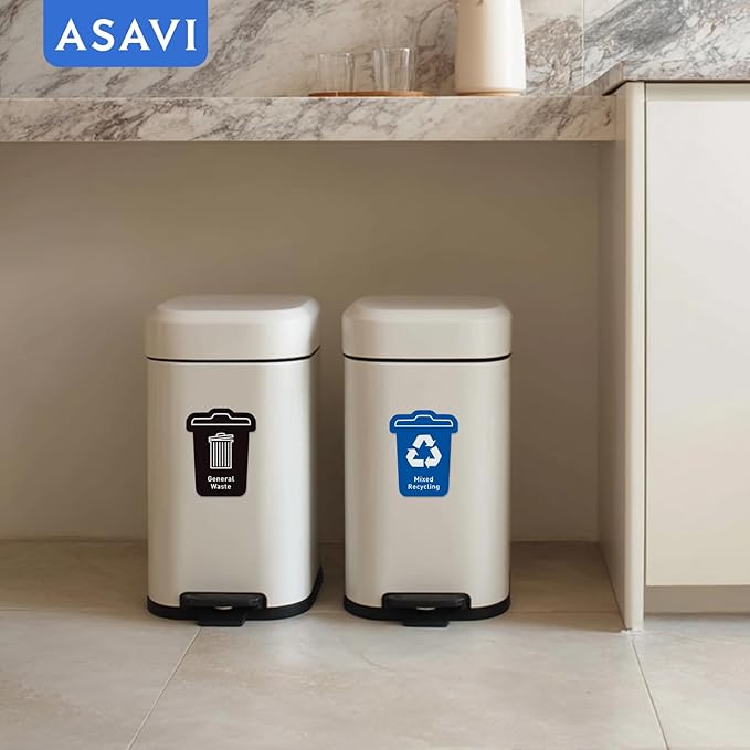 ASAVI Trash Sorting Stickers (6-Pack) – 6x4.8 Waterproof Vinyl Waste Labels with Strong Adhesive, Durable Outdoor/Indoor Use, Icon-Based Design for Home, Office, Commercial Bins (Bucket-Shaped)