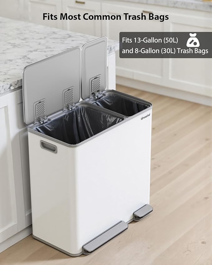 Lovewind Dual Trash Can, 14 + 6 Gallon Garbage Can for Kitchen Dual Compartment Recycling Kitchen Step Trash Bin, Stainless Steel Trash and Recycle Bin Combo with Soft-Close Lid, White
