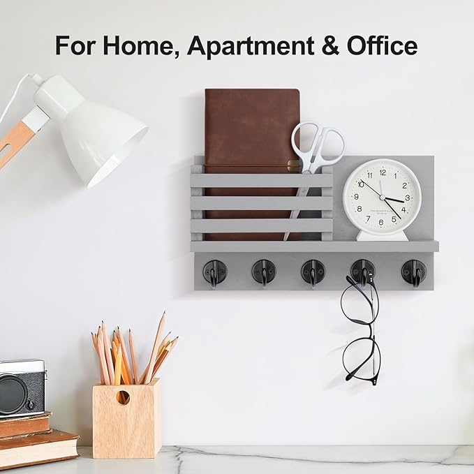 Lwenki Key Holder for Wall – Decorative Wooden Mail Holder and Key Shelf with Mounting Hardware, Installation Guide – Paulownia Wood with 5 Metal Key Hooks (11.8” x 6.7” x 2.8”)