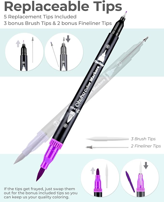Ohuhu Markers for Adult Coloring Books No Bleeding 100 Colors Coloring Markers Water-based Dual Tips Fineliner & Brush Drawing Pens Art Pens for Kids Adults Sketch Journal - Maui - Black