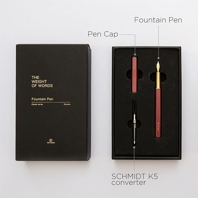 YSTUDIO Stunning Classic Revolve Fountain Pen, Schmidt Gilded Nib, Best Pen Gift Set for Men & Women, Professional, Executive Office, Nice Pens（red，F nib）