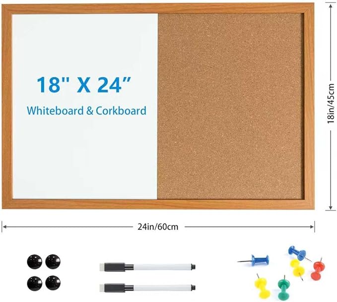 Combination Writeboard 24"x 18" Magnetic Whiteboard & Cork Board Dry Erase Board Bulletin Board Wall Mounted Wood Frame