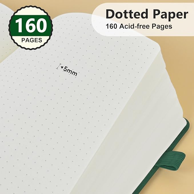 PERCUN Dotted Journal Notebook for Men & Women, 160 Pages Dot Grid notebook for Note Taking, Bullet Journaling Notebook for Work, School, Travel, Writing, A5 Hardcover 5.9" x 8.5" (Green)