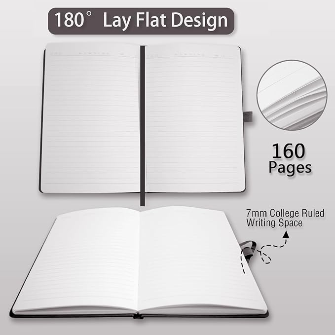 Heture Hardcover Notebooks, A5 Lined Journals Notebook for Writing 160 Pages, 8.2 x 5.5 inch, Classic Ruled Notebooks for College/Work/Travel (Black, 1 Pack)
