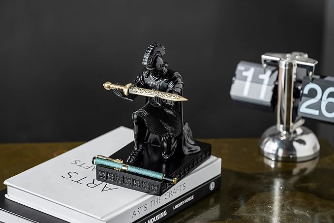 CYXStar Roman Praetorian Prefect Warrior Knight Pen Holder Desk Ornament Resin Praetorian Guard Mobile Phone Stand Desk Accessories and Organizer for Office with a Letter Opener (Black)