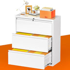 INTERGREAT 3-Drawer White Lateral File Cabinet, Locking Metal Lateral Filing Cabinets with Lock, 28" W Horizontal Storage Cabinet with Adjustable Shelves for Home & Office