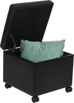 Homebeez Leather Storage Ottoman with Steerable Rolling Wheels, 17.9" Square Small Foot Rest Stool Tufted Cube Footstool with Hinged Lid, Load 300 lb, for Living Room, Bedroom, Entryway, Black
