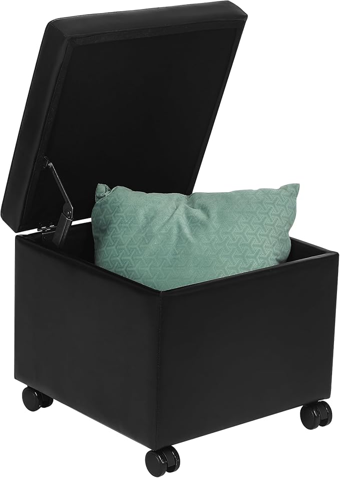 Homebeez Leather Storage Ottoman with Steerable Rolling Wheels, 17.9" Square Small Foot Rest Stool Tufted Cube Footstool with Hinged Lid, Load 300 lb, for Living Room, Bedroom, Entryway, Black