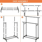 Calmootey Double Rod Clothing Garment Rack,Rolling Hanging Clothes Rack,Portable Clothes Organizer for Bedroom,Living Room,Clothing Store,Black