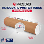 Paclord 2" x 20" Reinforced Kraft Paper Mailing Tube, Pack of 1 Tube with 2 Caps – Secure USPS Approved – Cardboard Mailer for Shipping and Storing Posters, Prints, Artwork, or Documents