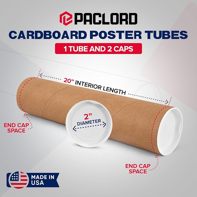 Paclord 2" x 20" Reinforced Kraft Paper Mailing Tube, Pack of 1 Tube with 2 Caps – Secure USPS Approved – Cardboard Mailer for Shipping and Storing Posters, Prints, Artwork, or Documents