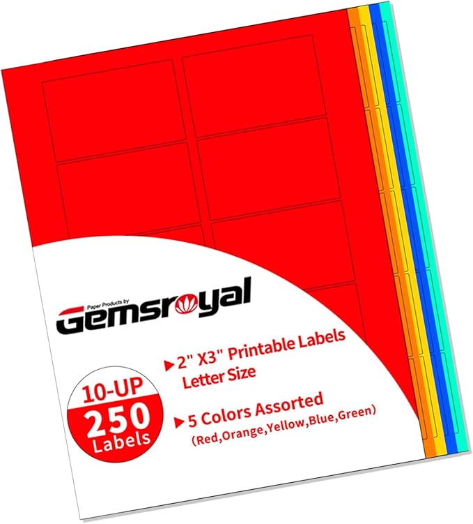 Gemsroyal Colored Labels Printable 2"×3",Neon Moving Label Stickers for Printer,Color Coding Labels 3×2 inch,5 Colors Assorted(Red,Orange,Yellow,Blue,Green),250 Colorful Labels Pack ﻿