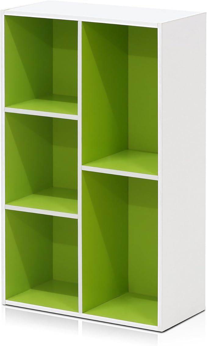 Furinno LUDER Book Shelf, 5-Cube Bookshelf, Reversible Bookcase, 9.4 x 19.5 x 31.5, for Living Room, Bedroom, Home Office, White/Green