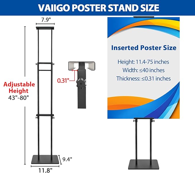 VAIIGO 2Pack Poster Stand for Display, Heavy Duty Floor Standing Sign Holder, Double-Sided Poster Board Stand, Adjustable Height Up to 80 inch, Outdoor Banner Stand for Board & Foam Display, Black