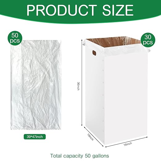 Nosiny 30 Pcs 50 Gallon Corrugated Cardboard Trash Cans for Events, Disposable and Reusable Cardboard Bin Bulk with Trash Bag, Recycling Pop-up Garbage Box, Foldable Waste Container for Party (White)