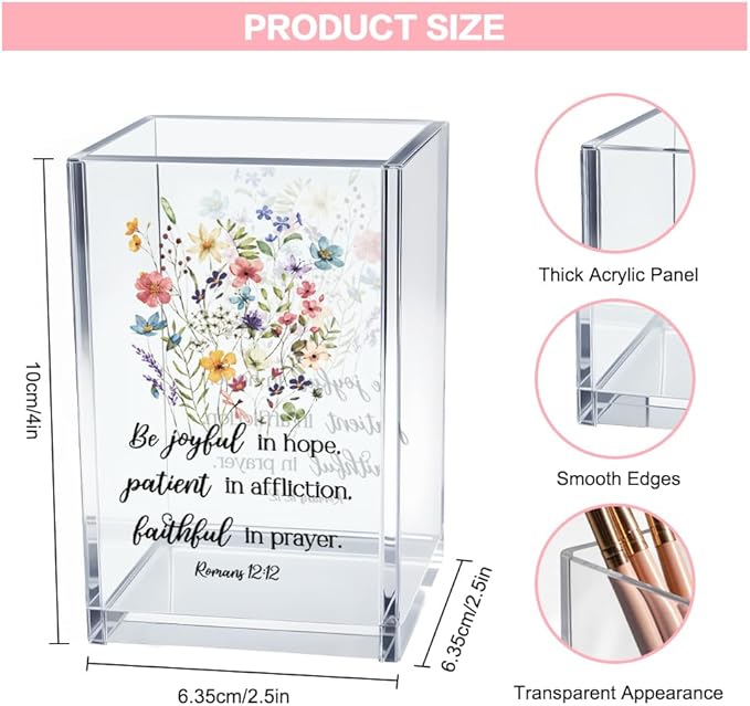 Vgrti Be Joyful in Hope, Patient in Affliction Romans 12:12 Acrylic Cosmetic Pencil Pen Holder Cup, Christian Verse Pen Holder Cup, Christian Gifts for Women Boss Friend Teacher