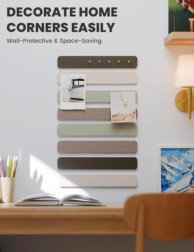 Fluxynara Cork Board Alternative Felt Strip Board 8-Pack 13"x2", Office Pin Board with 50 Push Pins, Adhesive Install for Bedroom Door & Home Office(Linen Dusk)