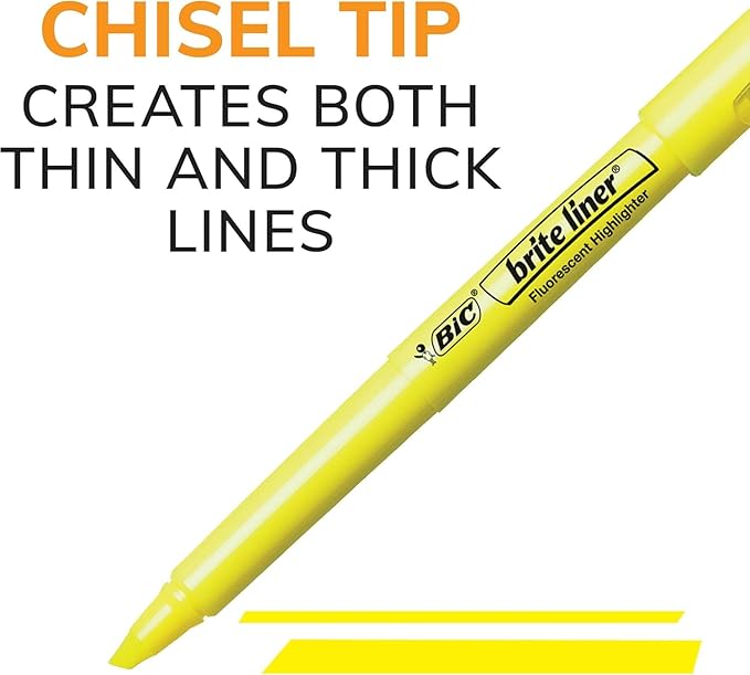 BIC Brite Liner Highlighters, Chisel Tip, 12-Count Pack of Highlighters Assorted Colors, Ideal Highlighter Set for Organizing and Coloring