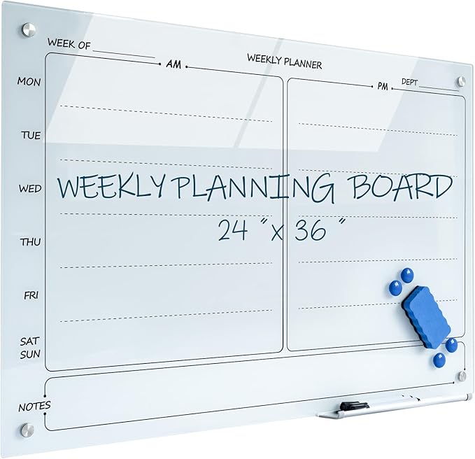 Magnetic Planner Writeboard 24"X36" Weekly Glass Calendar White Glassboard Premium Tempered Dry Erase Boards Frameless Wall Mounted (White)