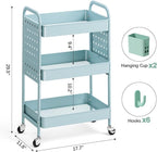 KINGRACK 3 Tier Rolling Cart with DIY Hanging Board, Metal Rolling Utility Cart with Wheels Handles Baskets Hooks, Rolling Storage Cart Suitable for Bathroom, Kitchen, Office, Nursery Diaper（Blue）