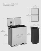 SONGMICS Trash Can, 2 x 8 Gallon (2 x 30 L) Double Garbage Can with Soft-Close Lids, Removable Inner Buckets, Pedals, Stainless Steel, for Waste and Recycling, Metallic Silver ULTB743E01