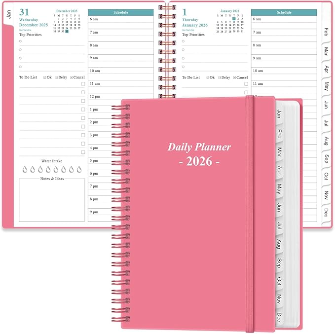 Daily Planner 2026 Full Page Per Day- 2026 Daily & Monthly Planner from January 2026 to December 2026, Day Planner 2026 with 12 Months Tabs, 6.4" x 8,5", Pink