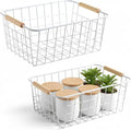 HDYOUDO Metal White Wire Basket,Food Storage Organizer with Wooden Handles, pantry organizers and storage for Organizing Kitchen Cabinets potato onion, 2 Packs
