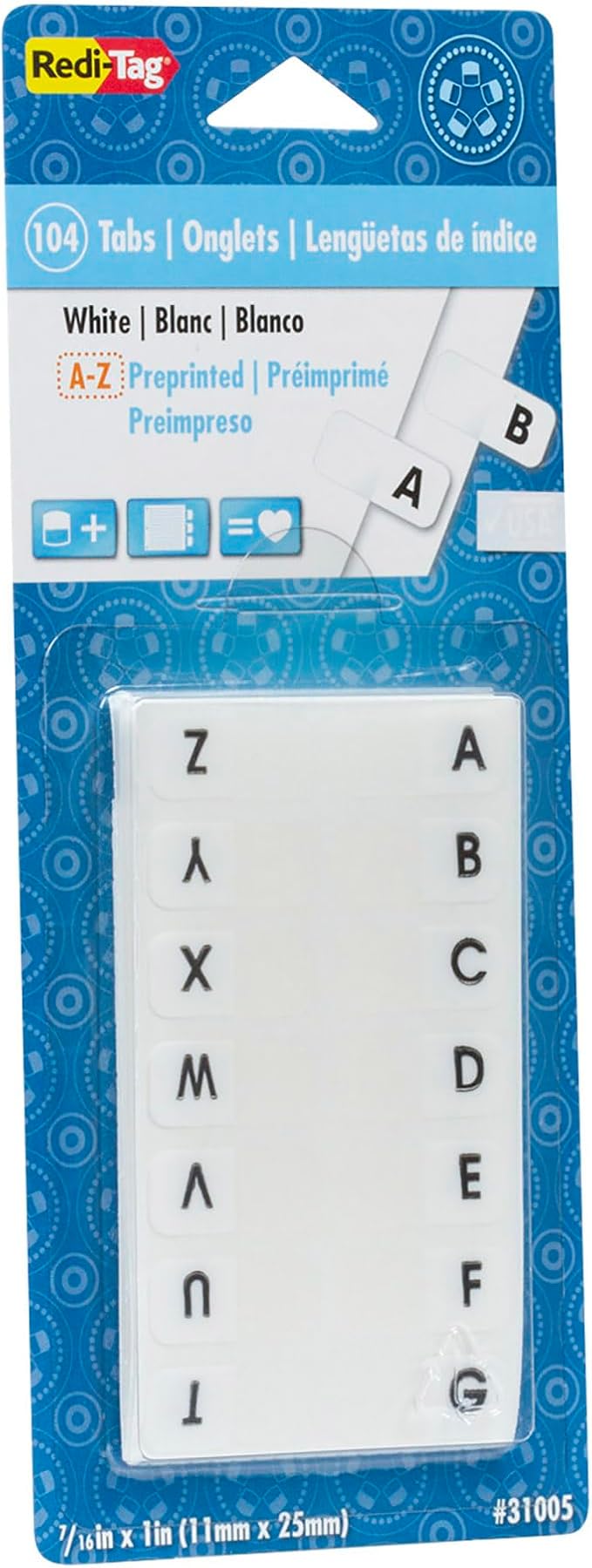 Redi-Tag Alphabetical Tabs, A - Z Pre-Printed Divider Tabs, Permanent Adhesive Index Labels,Divider Labels for School, Home and Office, 7/16" x 1", White, 104 Tabs Per Pack, (B31005)
