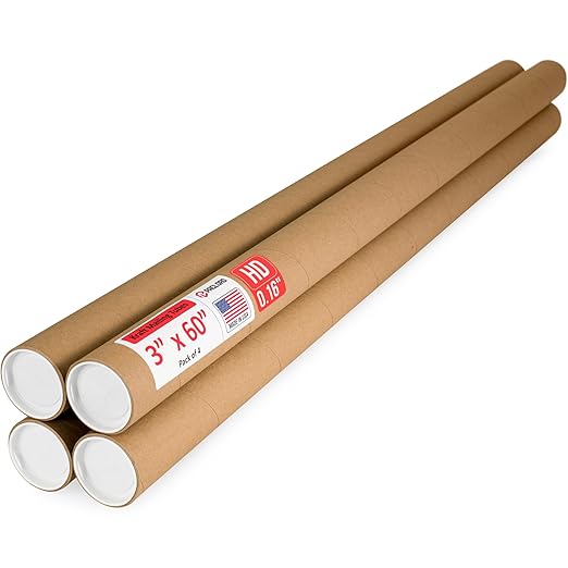 Paclord 3" x 60" Heavy-Duty Reinforced Cardboard Mailing Tube, Pack of 4 Tubes with 8 Caps – Secure USPS Approved – Great for Shipping and Storing of Prints, Artwork, Posters or Documents