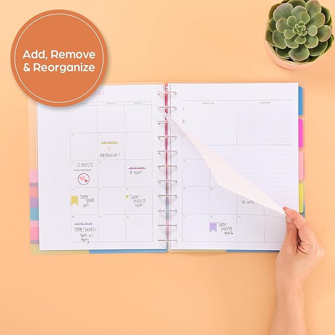 Happy Planner Undated Plans + Notes Monthly Planner Notebook Journal, 12-Month Planner, Colorblock Brights Theme, Big Size, 95 Pages, 4 Dividers, 12 Planner Sticker Sheets, 8 1/2" x 11"