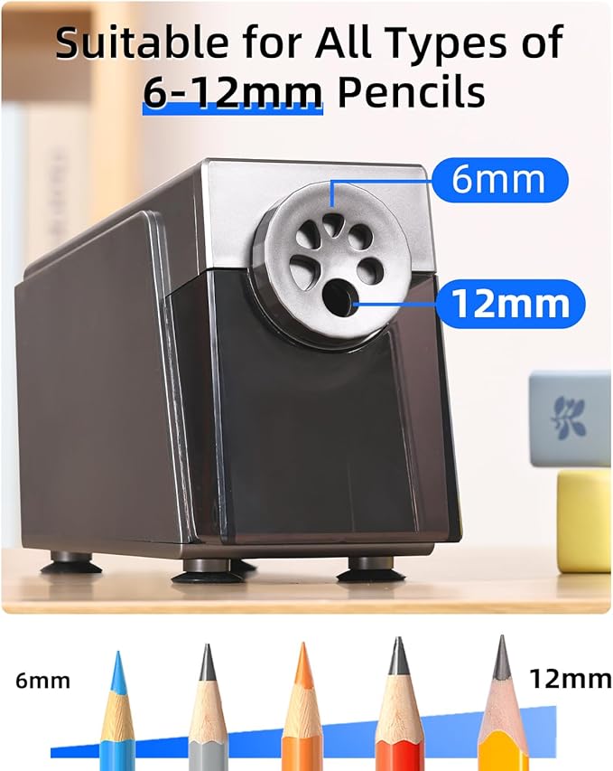 ZMOL Heavy Duty Electric Pencil Sharpener for Classroom, 6 Holes, Stronger Helical Blade, Auto Stop, Save Pencils, Plug in, Suitable for 6-12mm No.2/Colored Pencils, Teachers,School & Home Silver