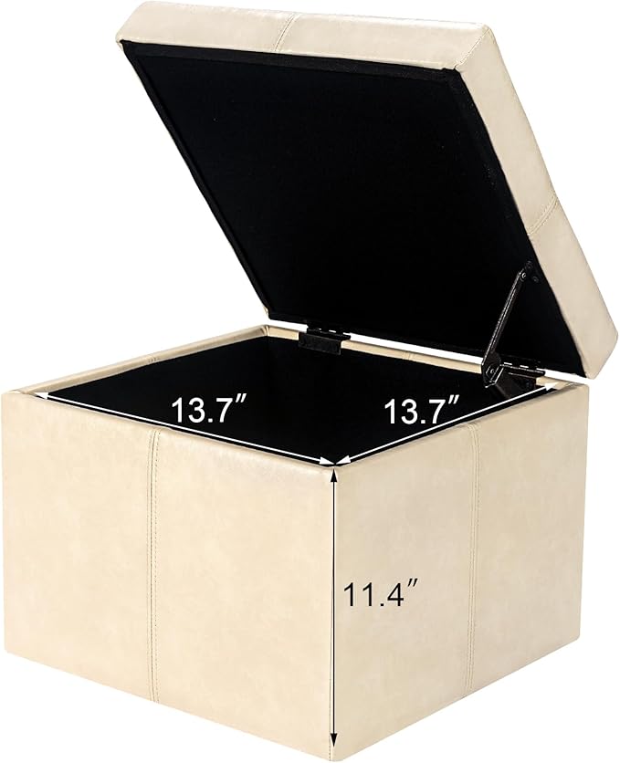 Adeco Faux Leather Cube Storage Ottoman, Warm Beige Ottomans for Living Room, Bedroom