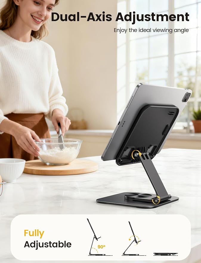 Lamicall Adjustable iPad Stand for Desk - [Ultra-Slim Foldable][360°Rotation] Tablet Stand with Heavy-Duty Base, Tablet Holder for 4.7-13" Devices, 2025 iPad Pro Air Mini, Kindle, iPhone 17 Pro Max