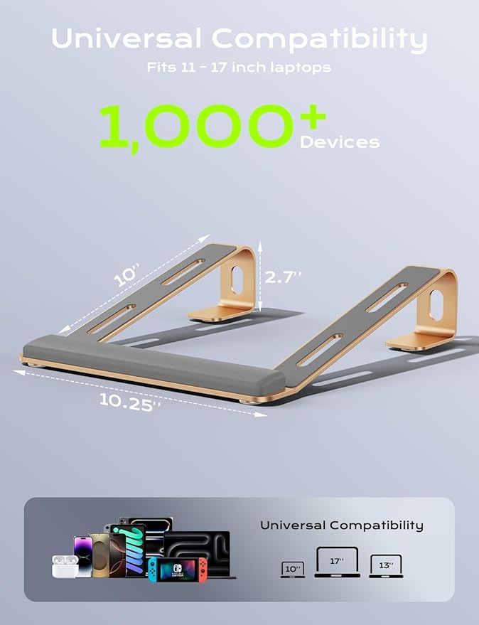 JCZT Aluminum Laptop Stand, Notebook Stand with Wrist Rest, Ergonomic Detachable Laptop Mount, Computer Stand Compatible with 10-17'' All Laptops Such as MacBook Air Pro/HP/Dell/Lenovo, Gold