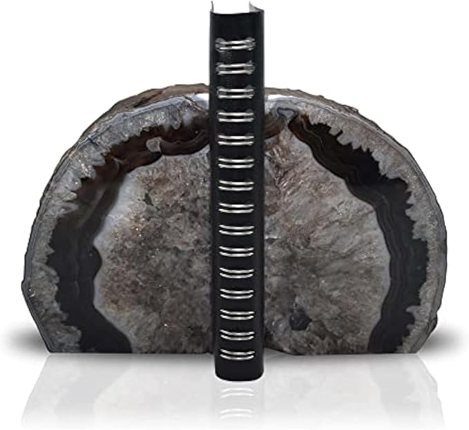 Nature's Decorations A Quality Black Agate Geode Bookends - Heavy Duty with Non-Skid Rubber Bumpers for Shelves, Office, Home Decor - Cool Crystal Stone (1 Pair 3-4 LB)