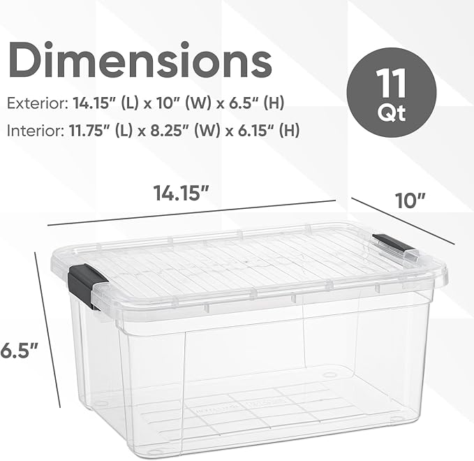 Superio Clear Storage Boxes with Lids, 11 Quart Plastic Container Bins for Organizing, Stackable Crates, BPA Free, Non Toxic, Odor Free, Organizers for Home, Office, School, and Dorm
