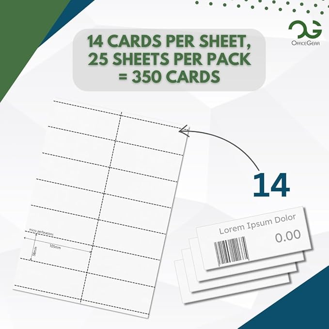 OfficeGear Shelf Edge Labels (350 Pack) 38x105mm Custom Printable A4 Card for Retail Barcodes, Price Stickers, Product Info with Template