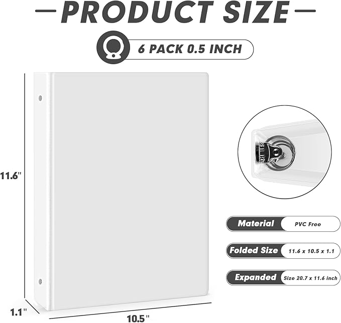 3 Ring Binder 0.5 Inch, PANDRI 6 Pack Binder Fits Letter Size 8.5'' x 11'' Paper, Versatile Binders for Office Home School, 2 Pockets, White
