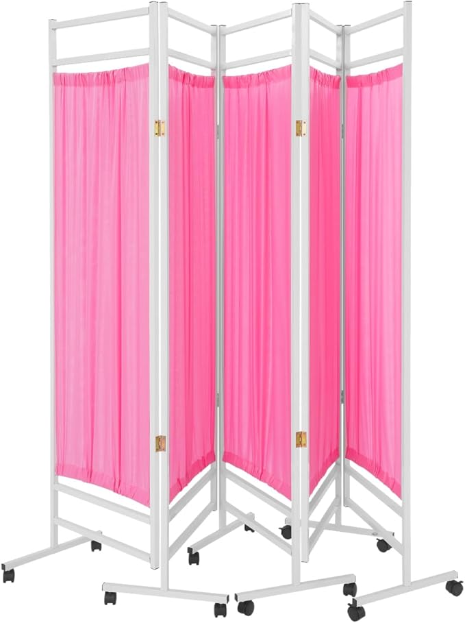 Medical Privacy Screens, Waterproof Nylon Fabric, 98.4 * 70.9 in Foldable Rolling Medical Privacy Screen with Silent Wheels, Suit for Hospitals, Clinics, and Nursing Homes (Pink, 5 Panels)