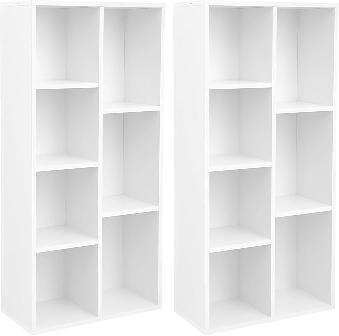VASAGLE Set of 2 Bookcases, Bookshelves, 7 Compartments, Freestanding Shelves and Cube Organizers, Display Shelves for Small Spaces, for Living Room, Bedroom, and Home Office, Cloud White ULBC27WT-2