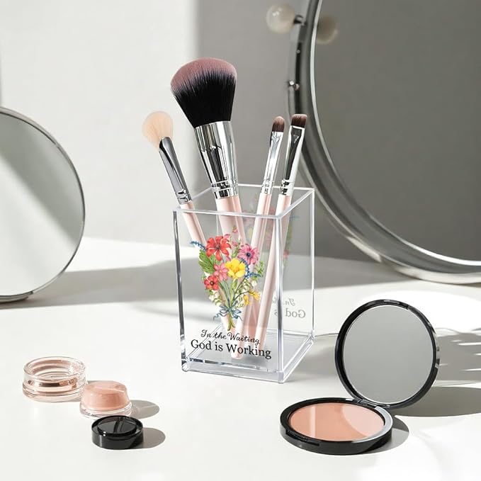 Vgrti in The Waiting God is Working Acrylic Cosmetic Bible Verse Pencil Pen Holder Cup, Floral Christian Desk Organizer Accessories for Home Office Decor, Christian Faith Gifts for Women Girl Coworker