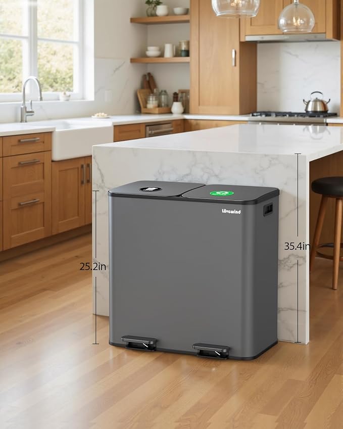 Lovewind Trash Can, 2 x 10.5 Gallon (2 x 40 L) Garbage Can for Kitchen Dual Compartment Recycling Kitchen Step Trash Bin, Stainless Steel Trash and Recycle Bin Combo with Soft-Close Lid, Grey