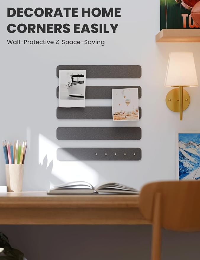 Fluxynara Cork Board Alternative Felt Strip Board 5-Pack 13"x2", Office Pin Board with 35 Push Pins, Adhesive Install for Bedroom Door & Home Office(Charcoal Gray)