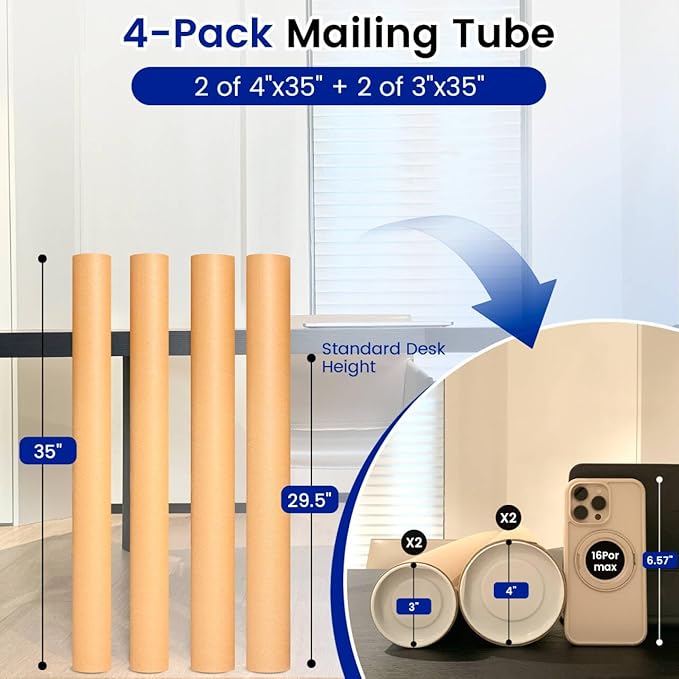 SEEYAURO 4-Pack Mailing Tubes with Caps, Kraft Paper Cardboard Storage Tubes for Shipping, Prints, Documents, Crafts & Golf Clubs (4in*35in, 3in*35in)